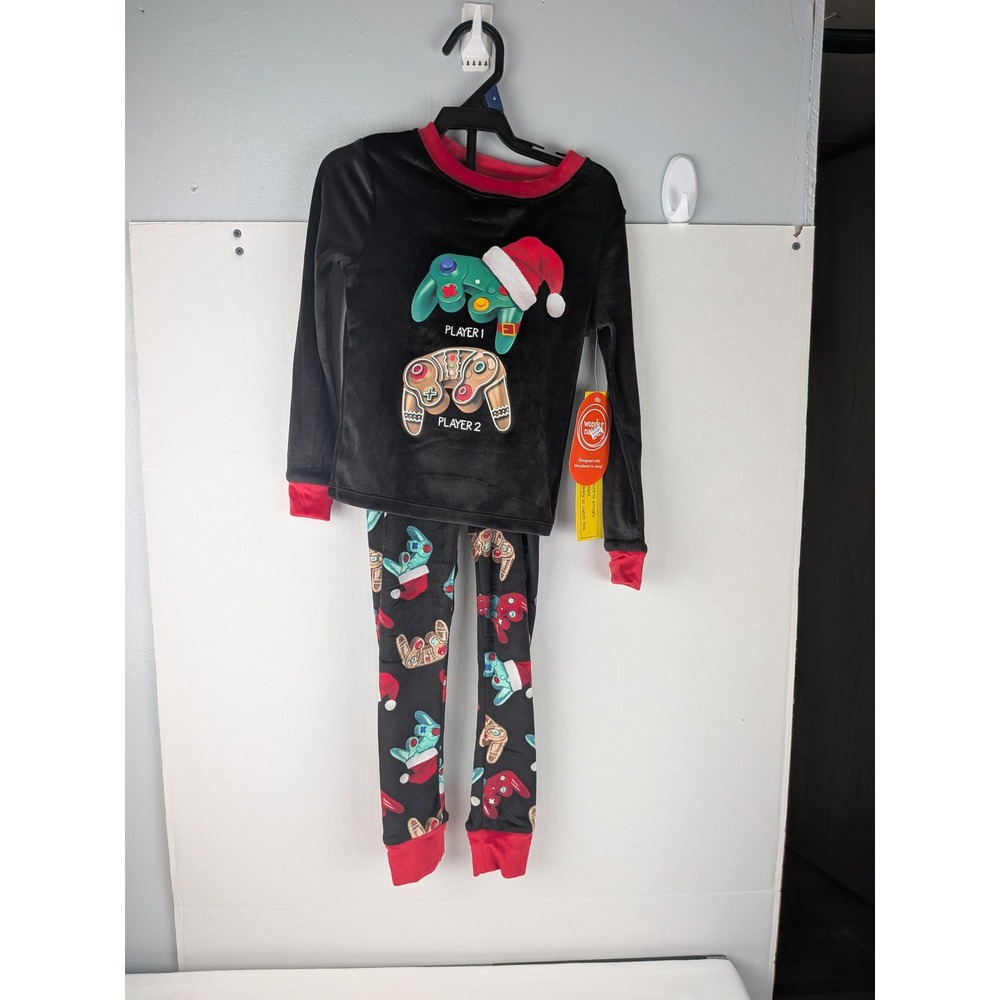 Kids Wonder Nation Black Velvet Pajama Set Long Sleeve Pants Gaming Christmas